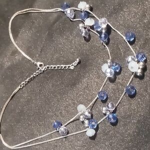 Delicate Double Strand Crystal Beaded Necklace in Blue and Clear 18 +2 In Long